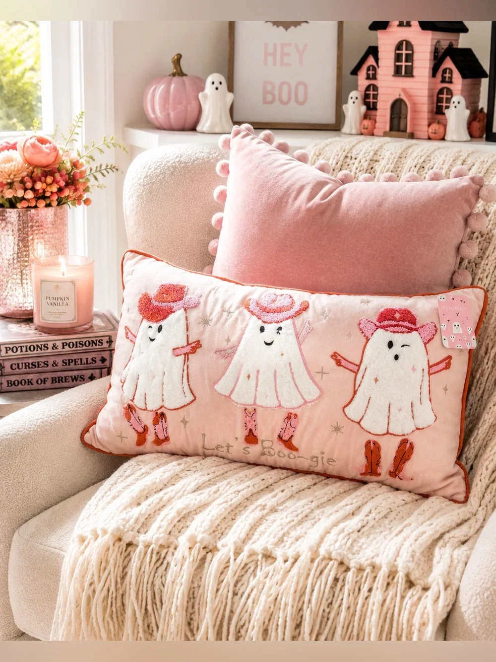 “Let’s Boo-gie” Pink Cowgirl Ghost Halloween Lumbar Pillow
